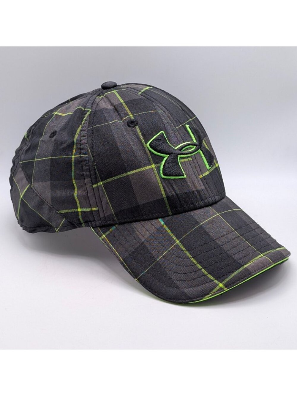 Under Armour Hat Cap Black Gray Plaid Neon Green Stretch Fit Size L/XL Unisex